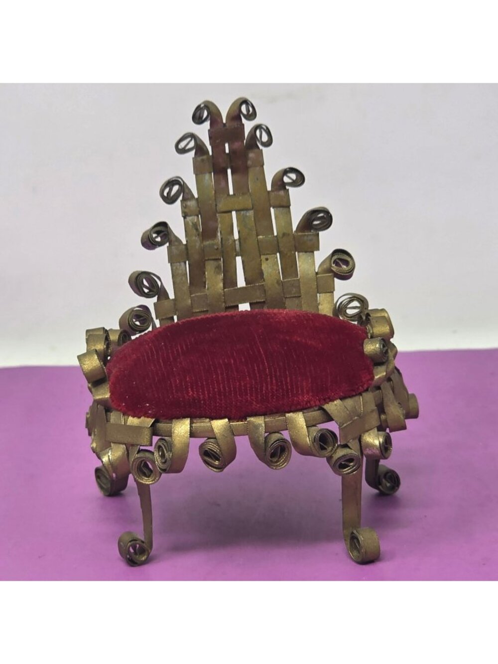 Vintage Handmade Tin Metal Scroll Chair Red Velvet Dollhouse/PinCushion Folk Art